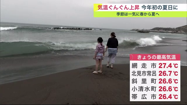 北海道東部とオホーツク海側では27℃を超えた地点も