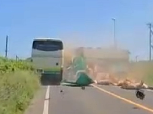 トラックが高速バスに衝突した瞬間
