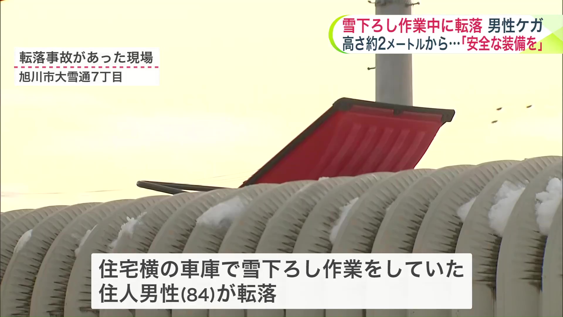 1人ではしごをかけ車庫の上で作業