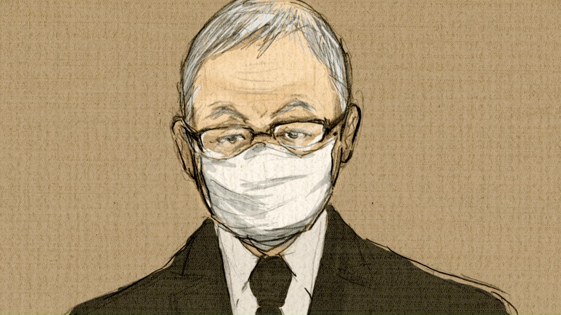 被告人質問で法廷に立つ田村修被告＝イラスト