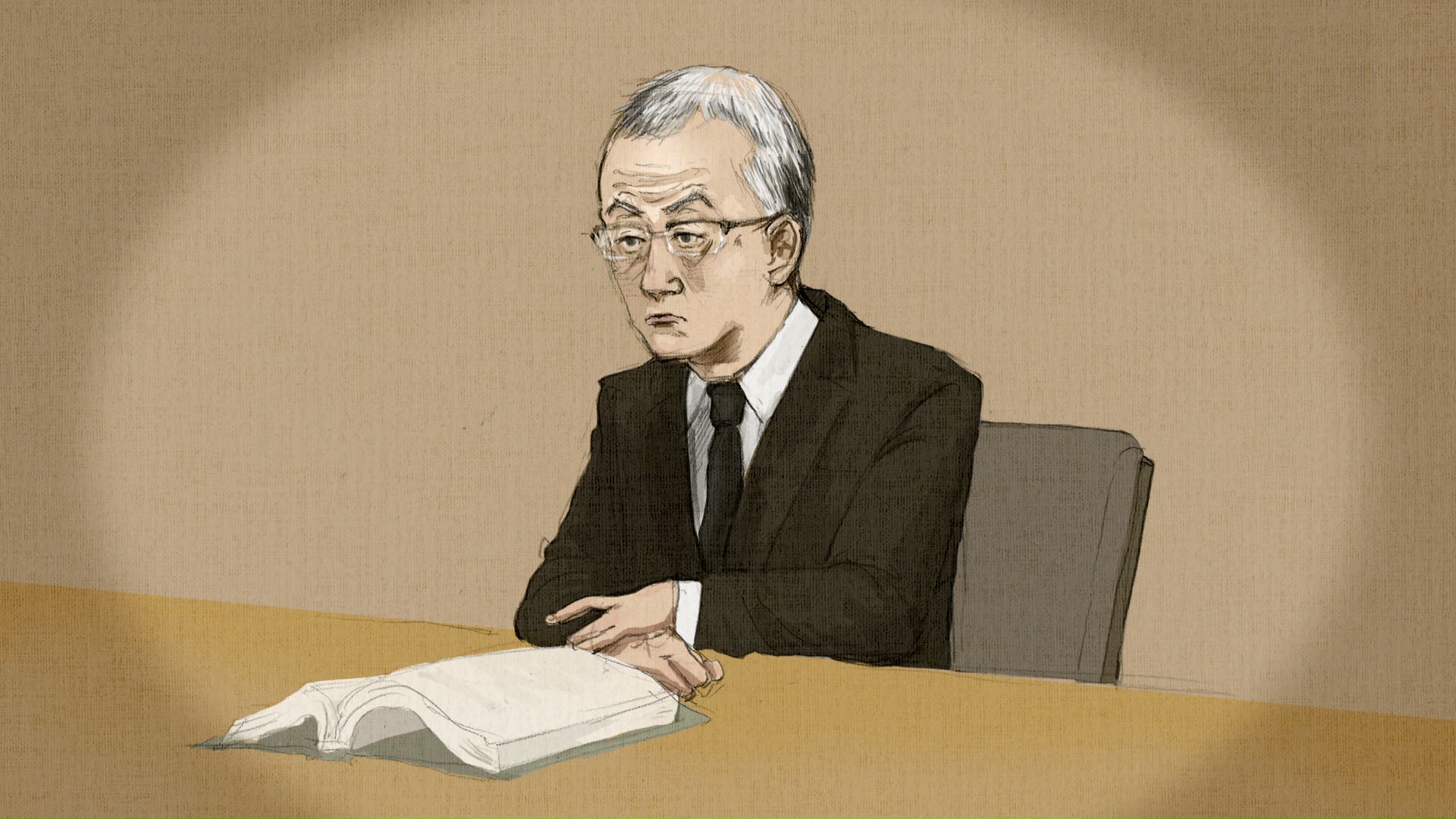 出廷した田村修被告(廷内イラスト)