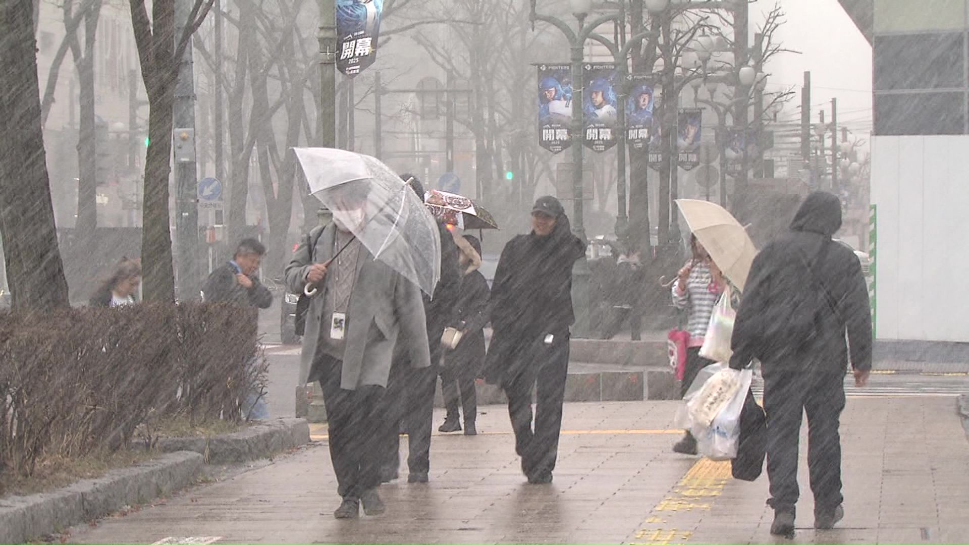 吹雪となった札幌市の様子