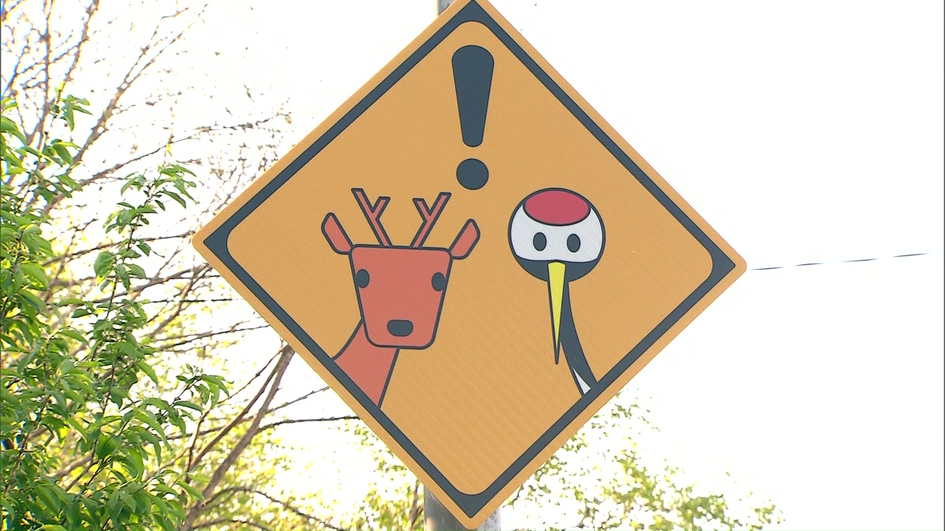 タンチョウとシカのコラボ看板