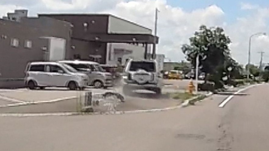 歩道に大きく乗り上げる車両（撮影：視聴者）