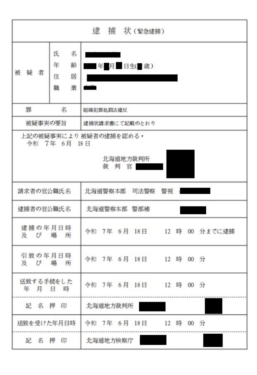 案件検索で出てくるインチキ逮捕状（提供：道警）