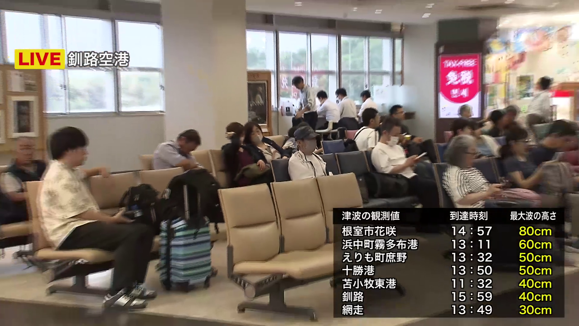 釧路空港に避難している人々