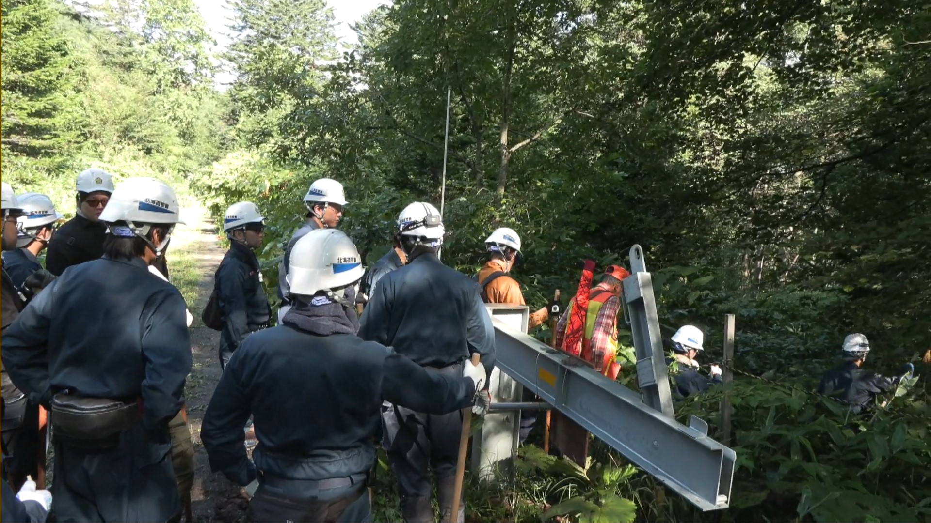 ゲートをくぐり山に入る捜索隊