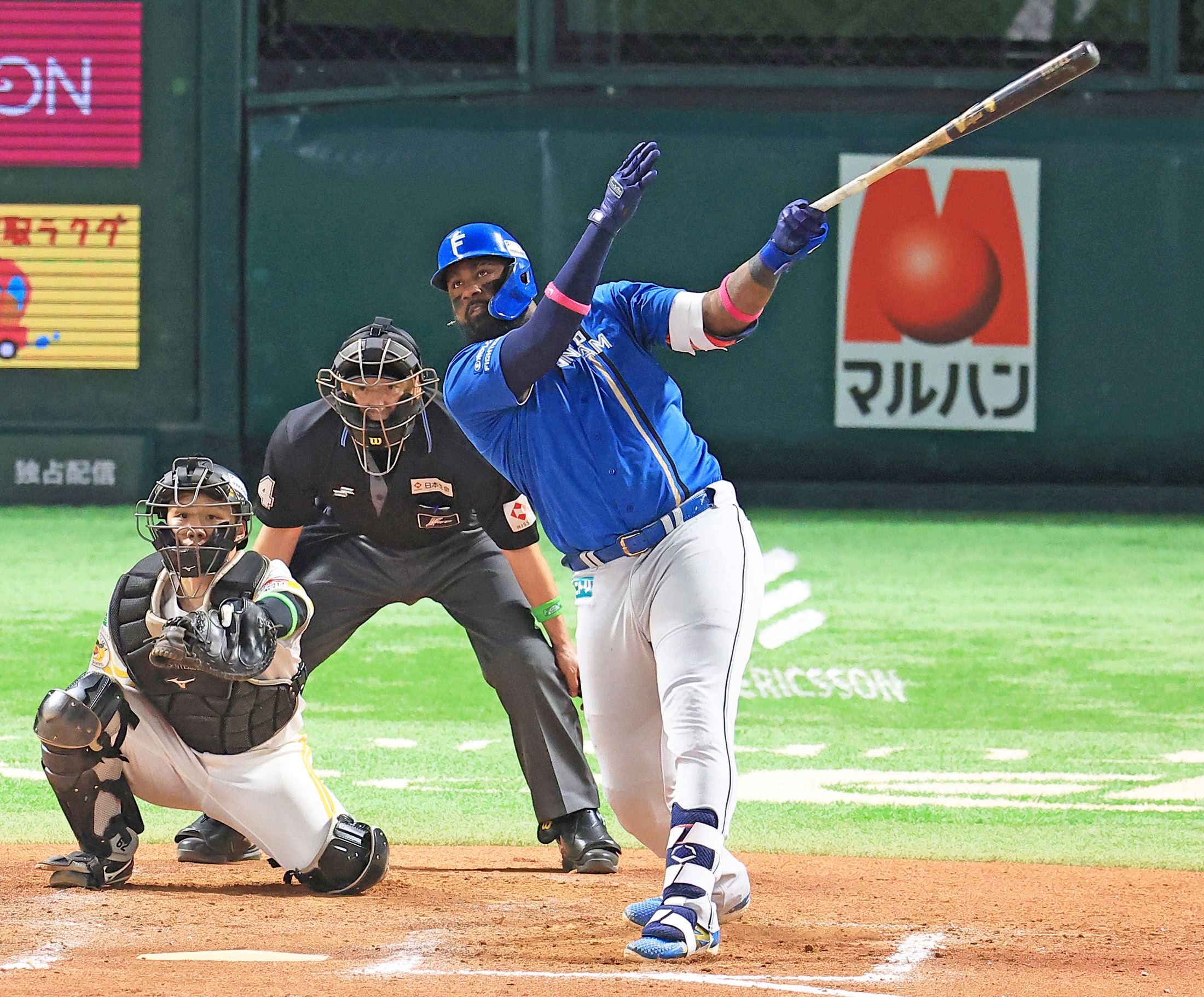 8回1死、同点のソロ本塁打を放つレイエス選手(提供 北海道新聞社)