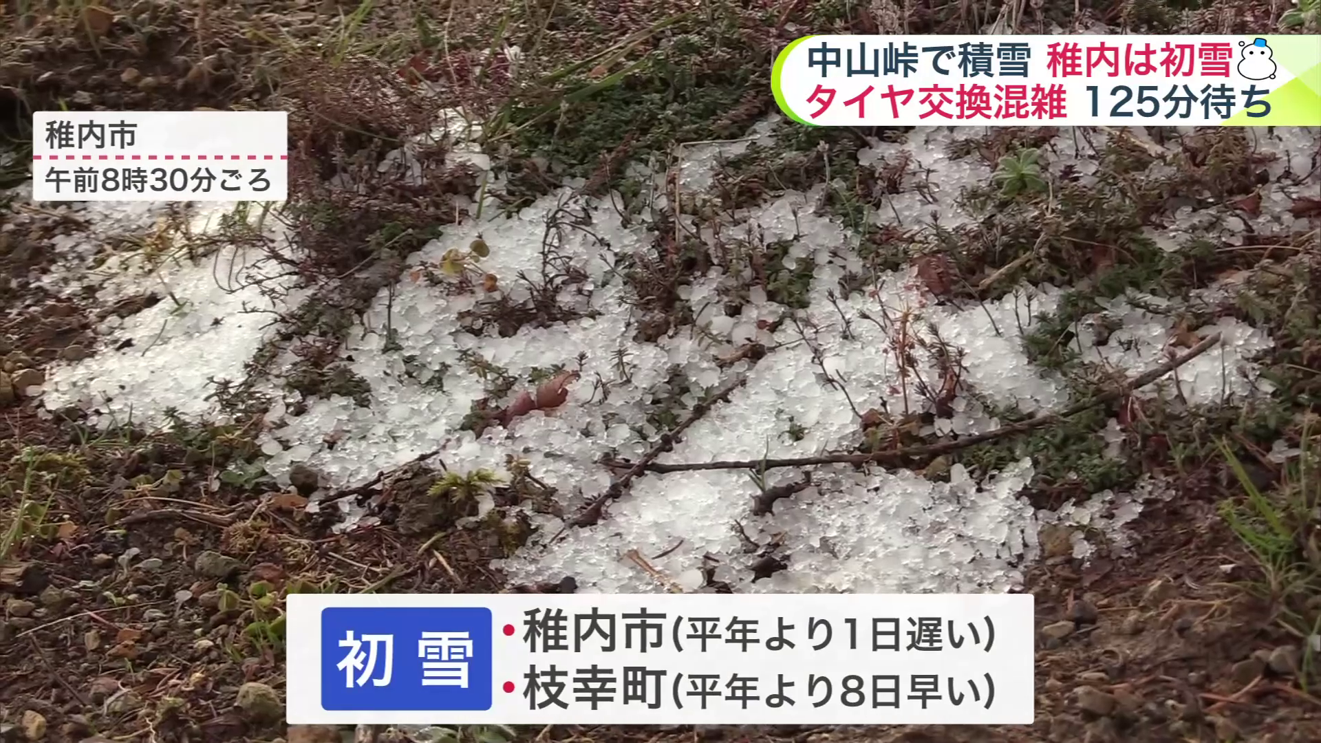 稚内市やオホーツク海側の枝幸町で20日朝に初雪を観測