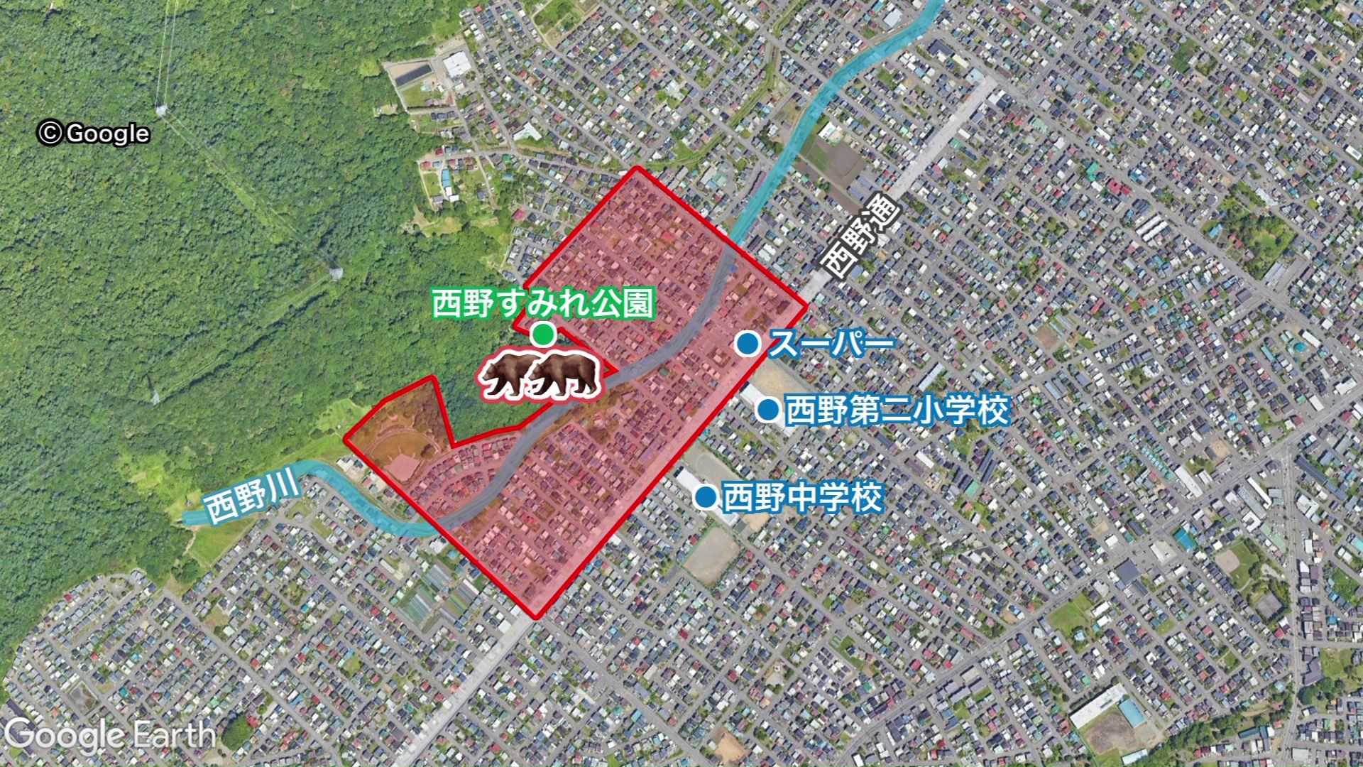 クマ目撃場所と周囲の建物