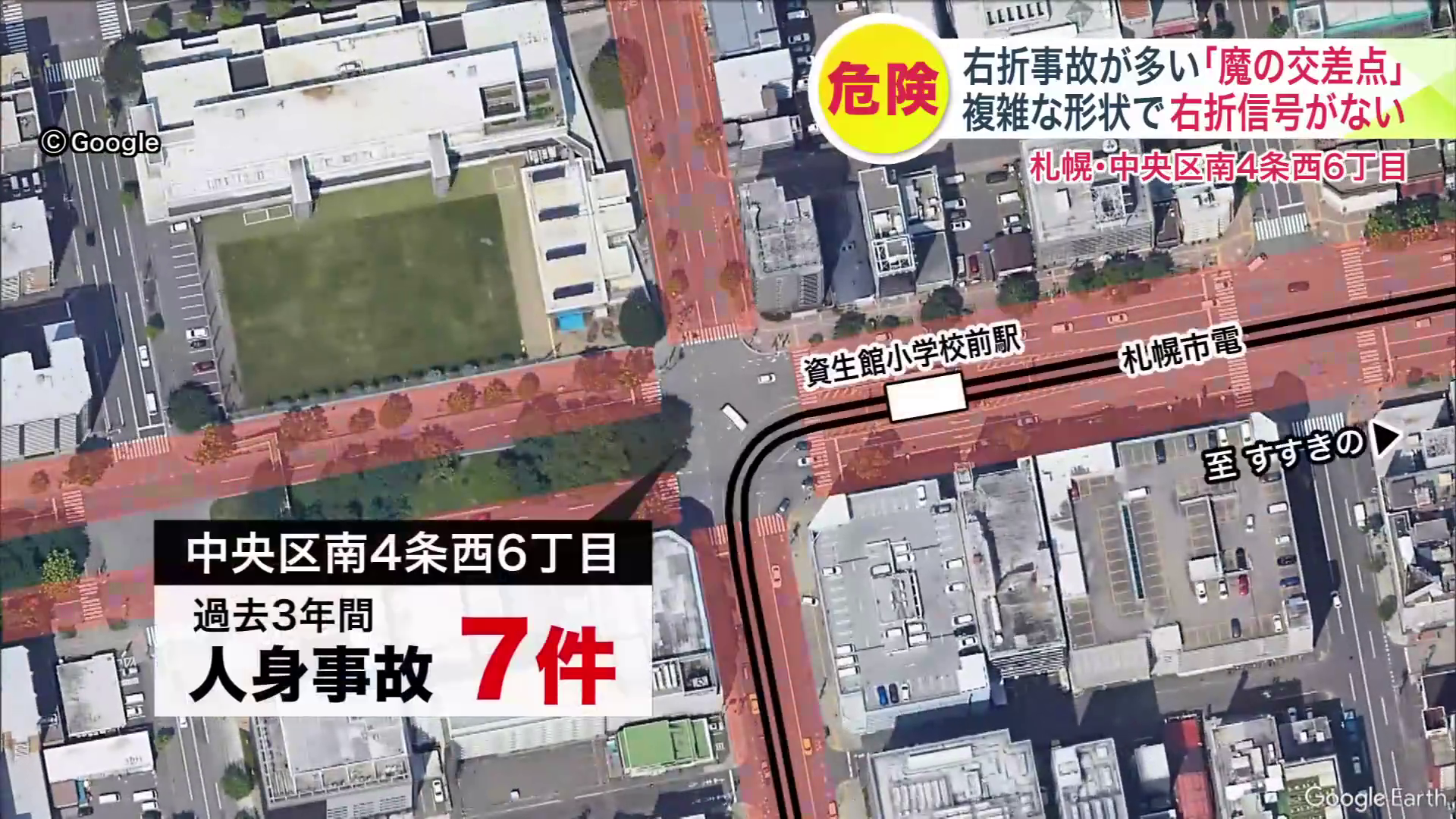 付近に札幌市電の駅があり交差点の形状が複雑