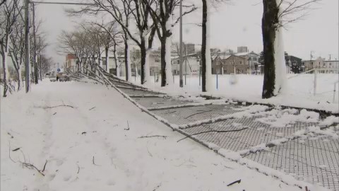 雪の重みで倒れたフェンス（釧路市）