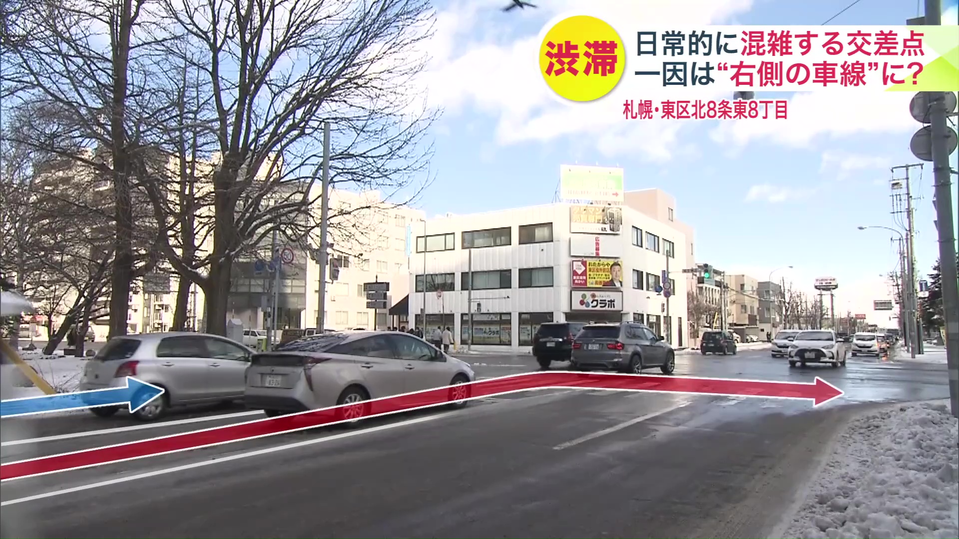 右車線の直進車が交差点直前で車線変更を試みることで渋滞に発展