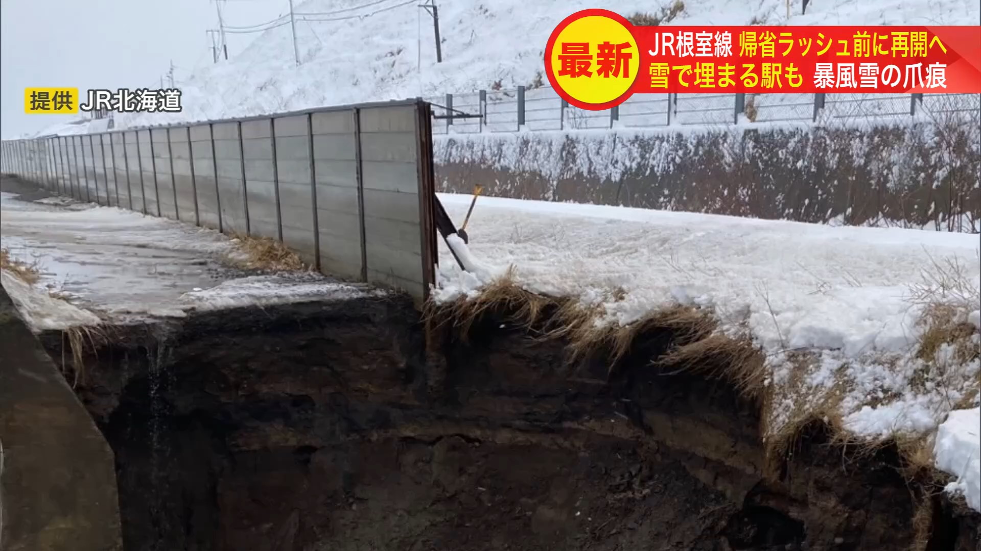 線路わきの土台が崩落した現場（提供：JR北海道）