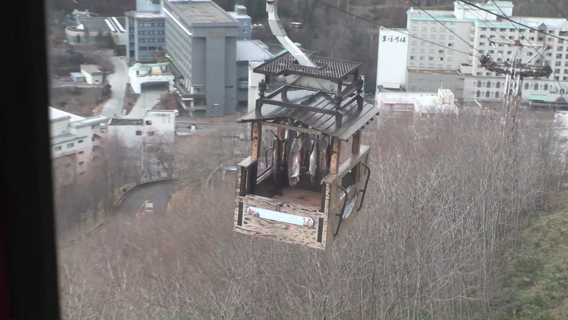 サケをゴンドラに吊り下げ寒風にあてる“トバ作り”