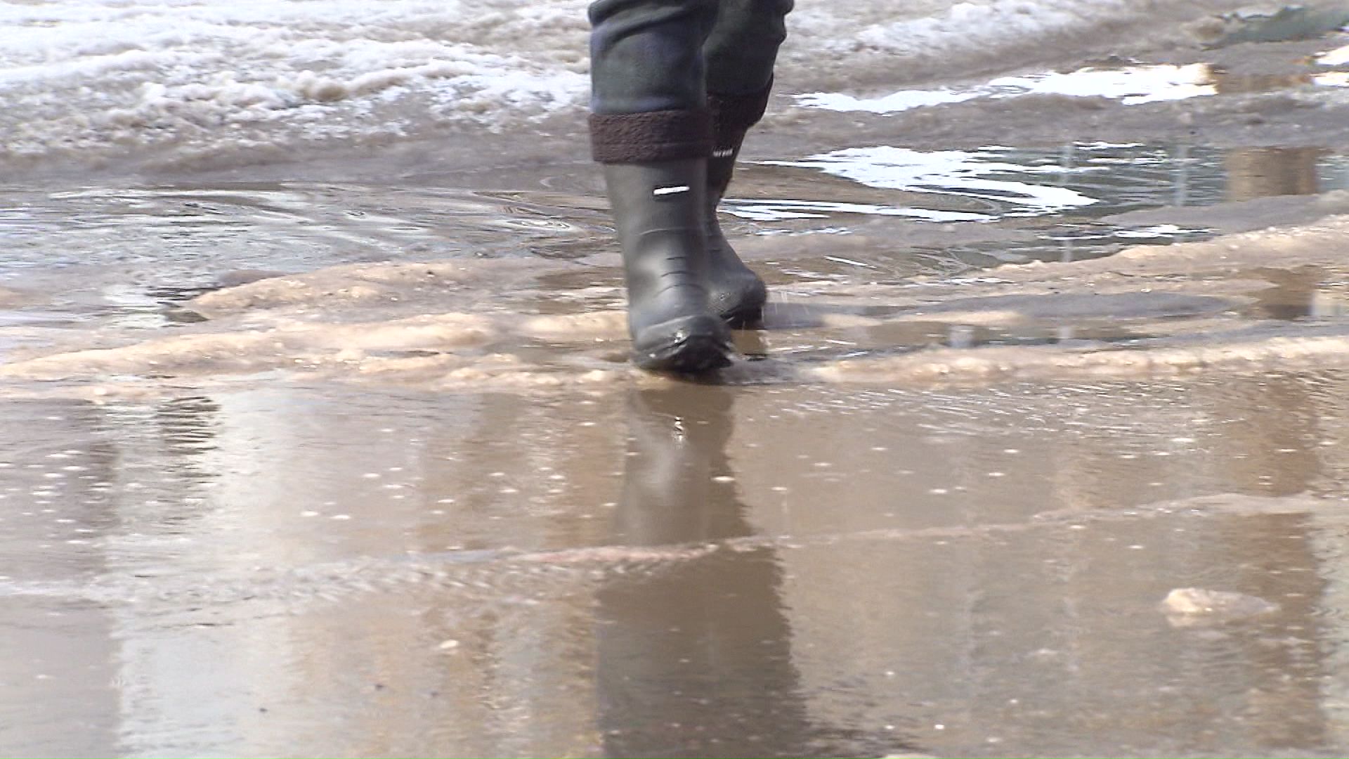 横断歩道付近は大きな水たまりができていた
