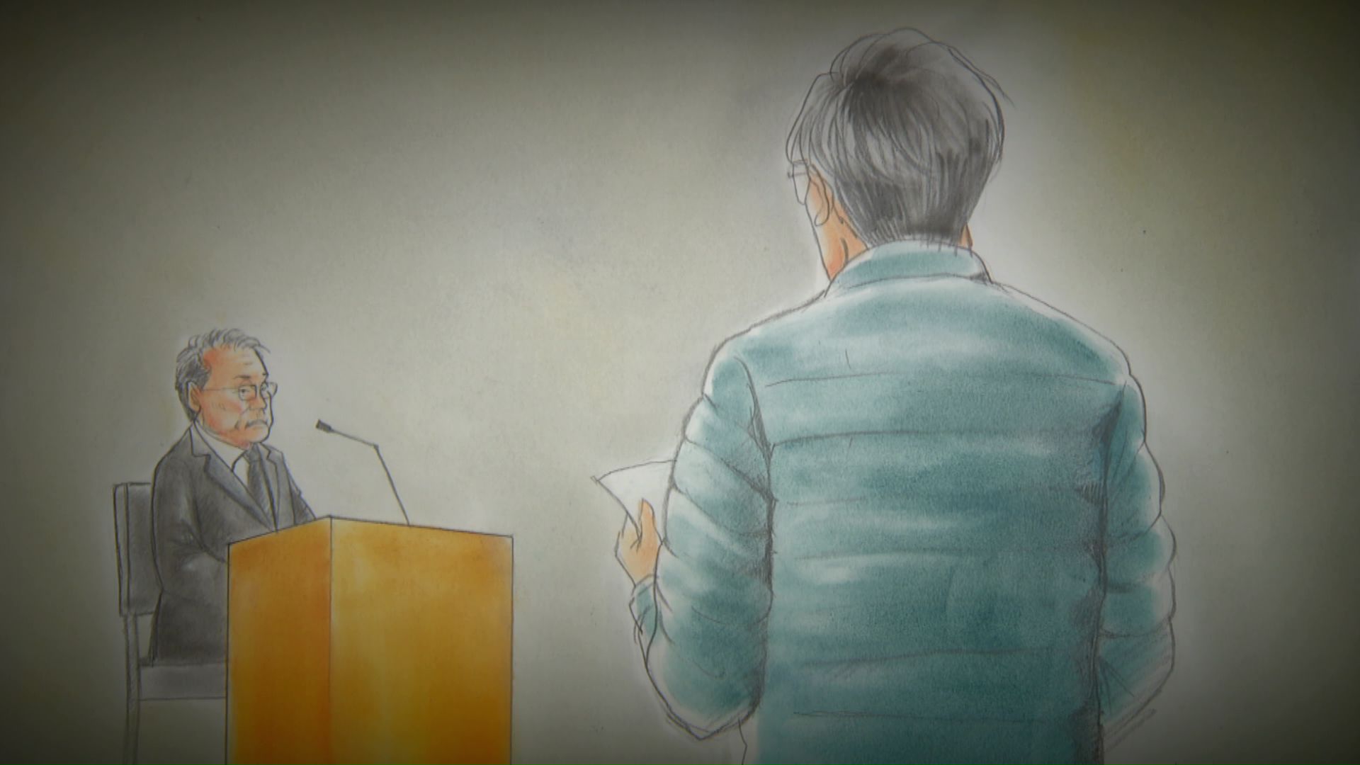 桂田被告に法廷で直接質問する乗客の家族ら(法廷スケッチ)