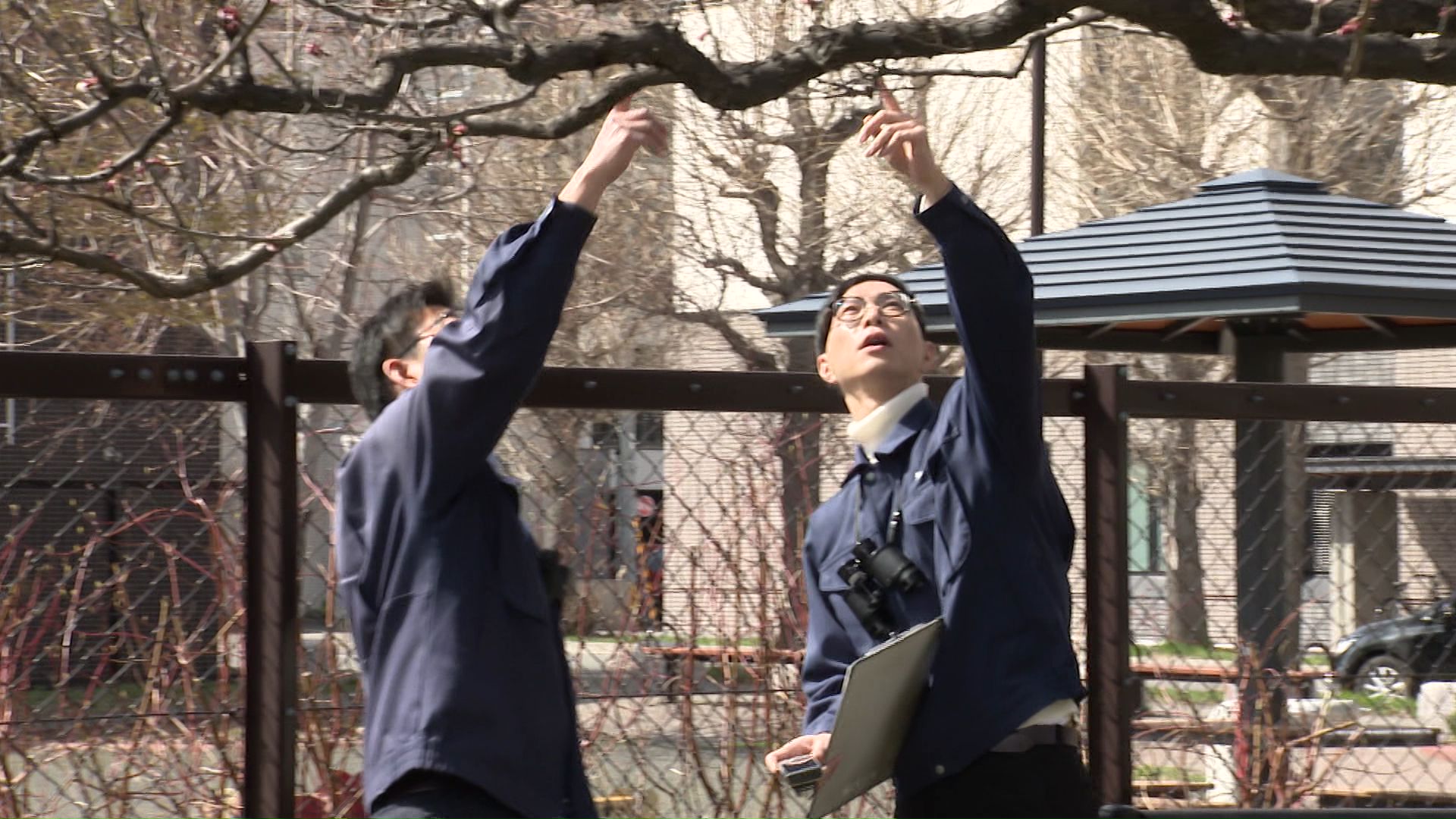 観測する札幌管区気象台の職員