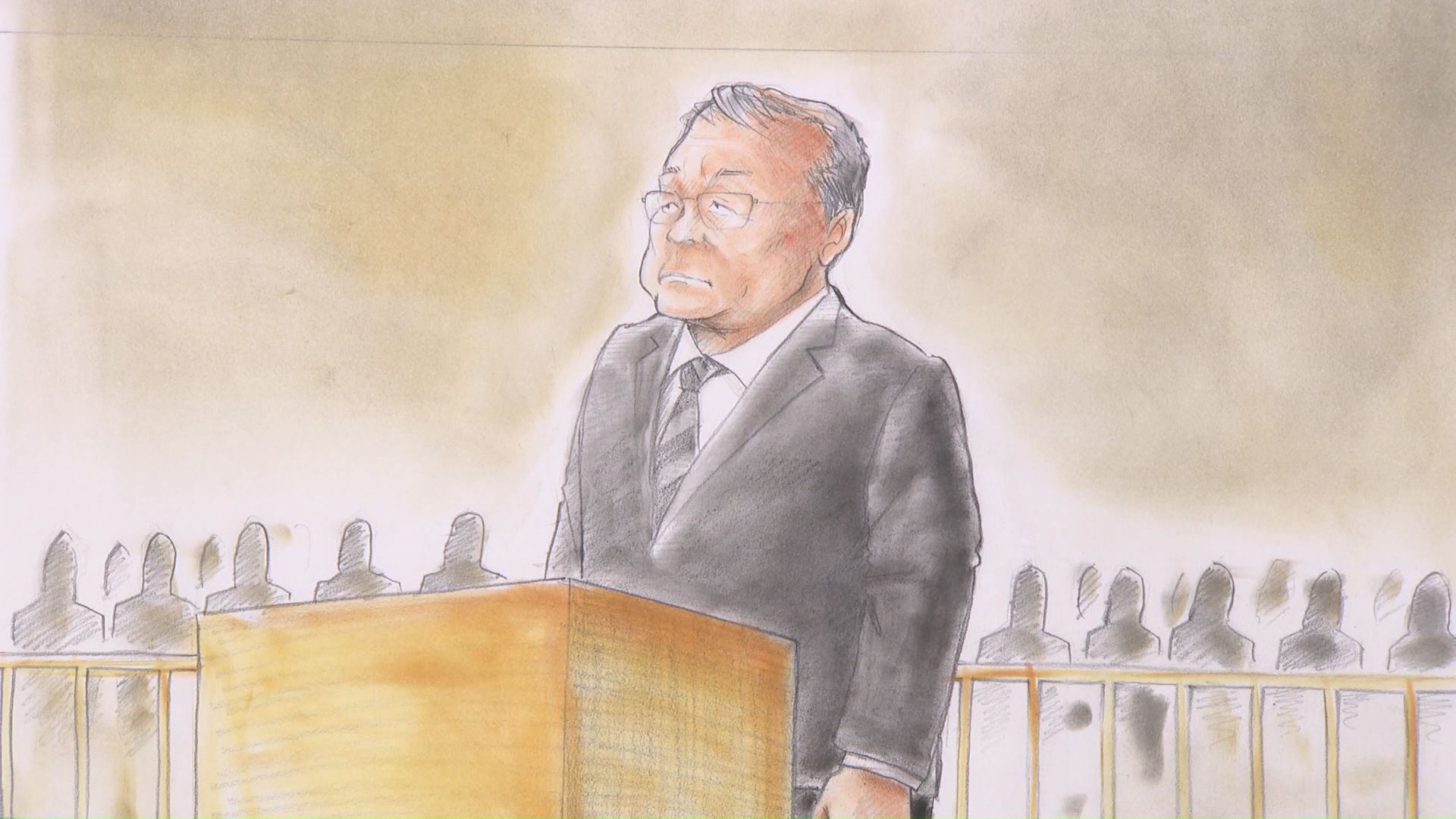 陳述中の桂田精一被告（法廷スケッチ）