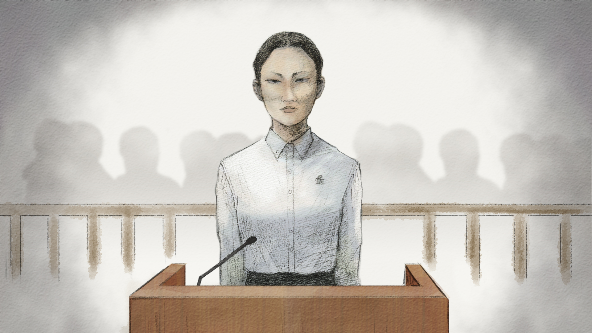 証言台に立つ内田被告（イラスト これまでの裁判より）