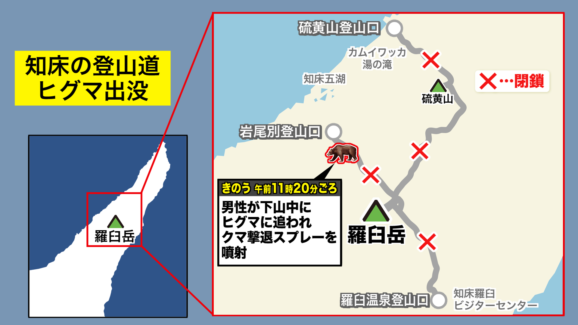 知床半島にある羅臼岳で男性がクマと遭遇