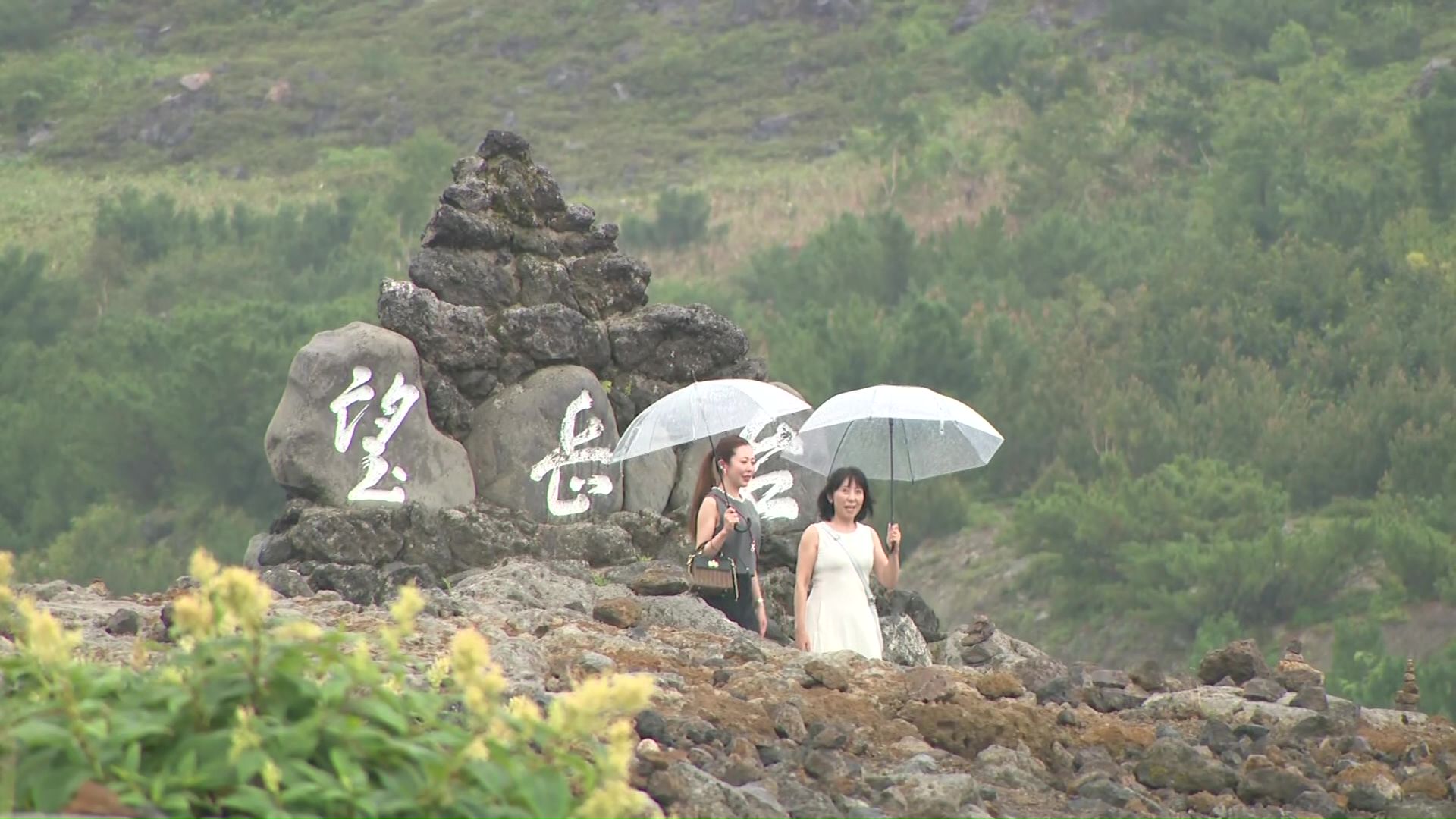 雨の中で傘をさし望岳台を観光する人も