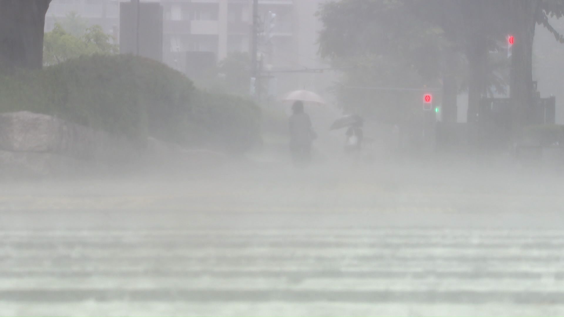 歩いている人が見えないほどの大雨
