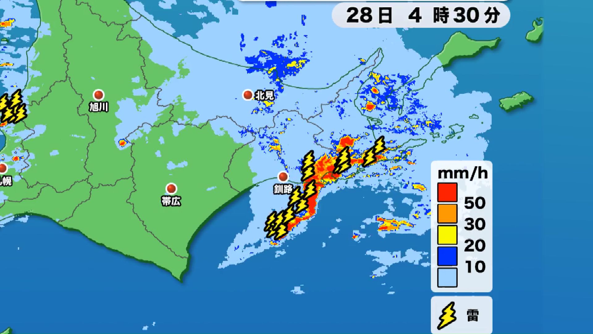 28日明け方には雷雲の中心は道東に
