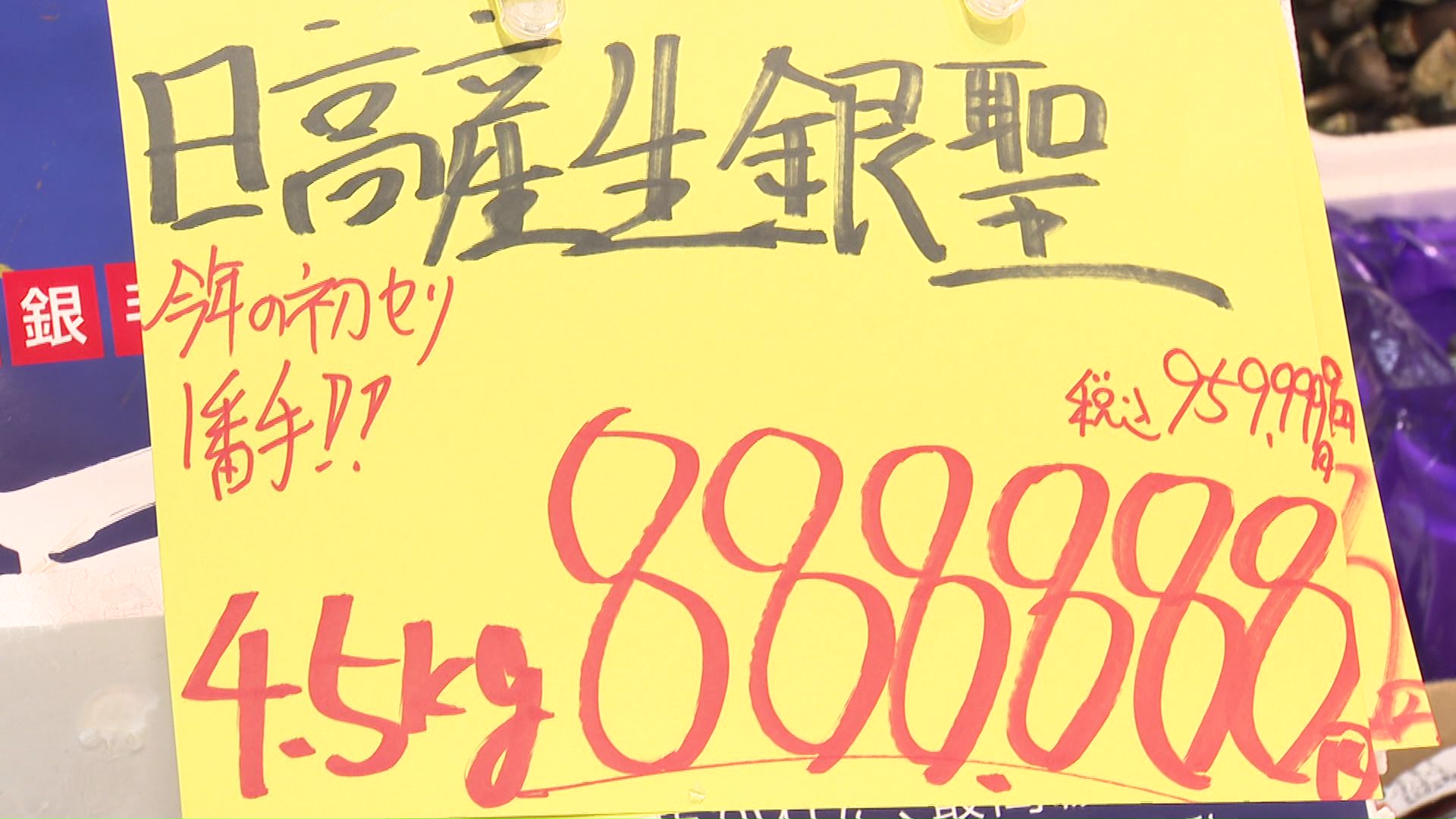 せりにかけられた秋サケの店頭価格は1尾あたり税抜88万8888円