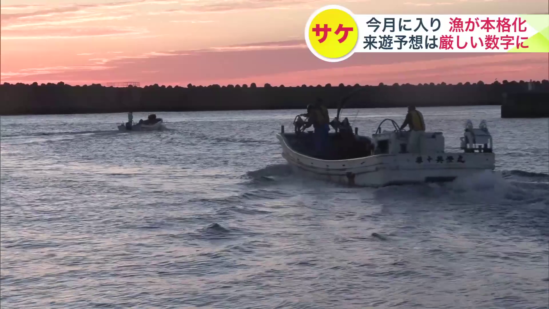 沖に向かった秋サケ漁の船