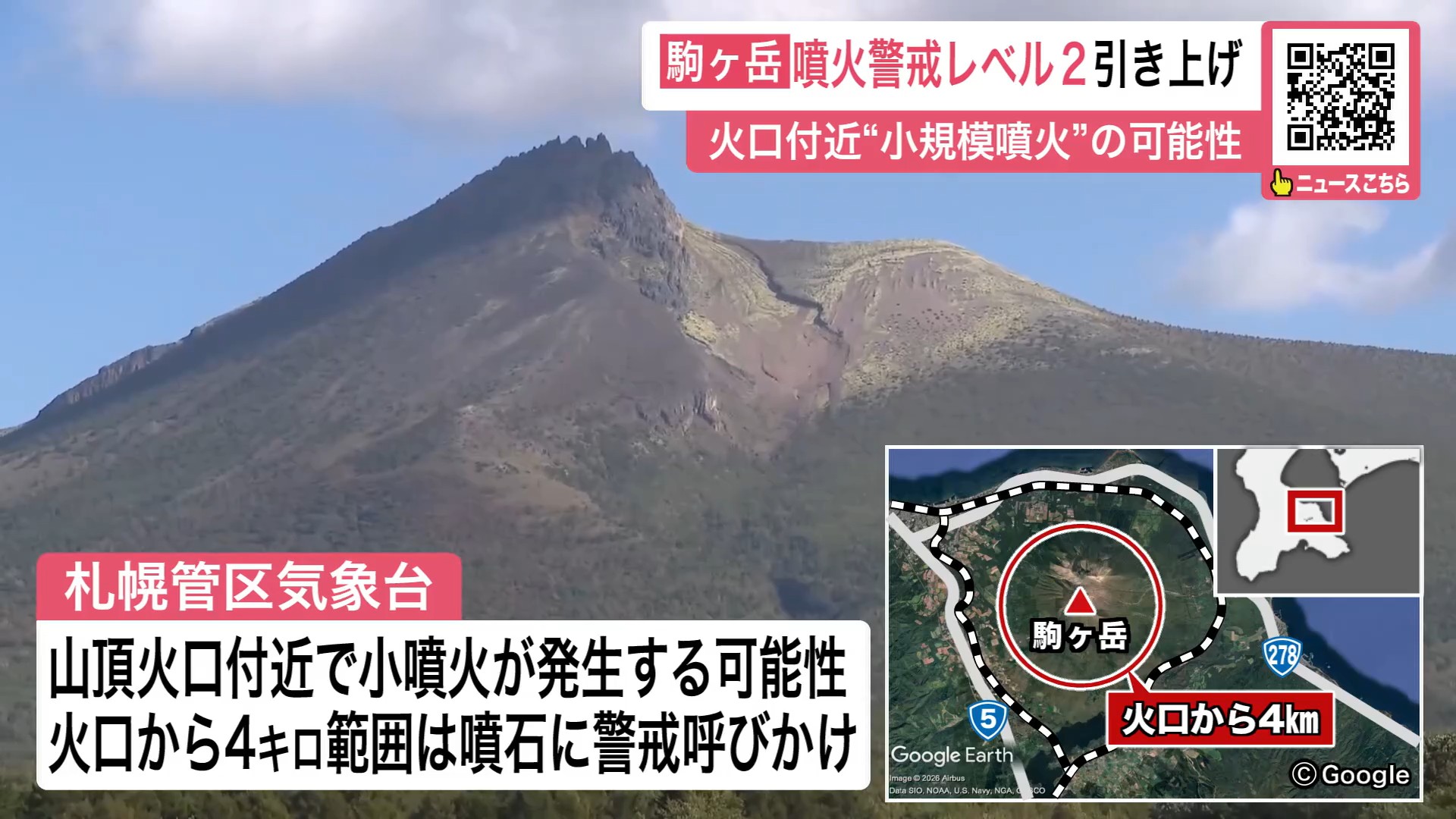 火口からおおむね4キロの範囲では、噴石に警戒を