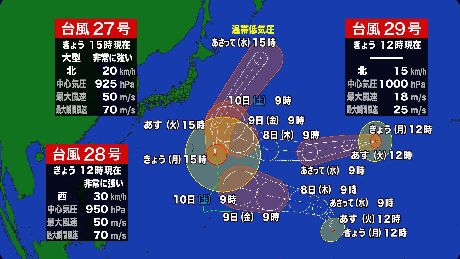 ※台風27号(15時現在)、28号(12時現在)、台風29号(12時現在)