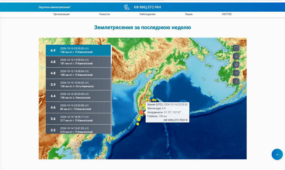 地震の観測情報を掲載したロシア科学アカデミーのHP