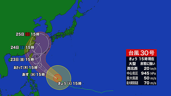 【進路予報】台風30号（チャンパー）22日に沖縄の南へ…その後は急カーブを描き西日本や本州へ近づくおそれも＜気象庁発表＞